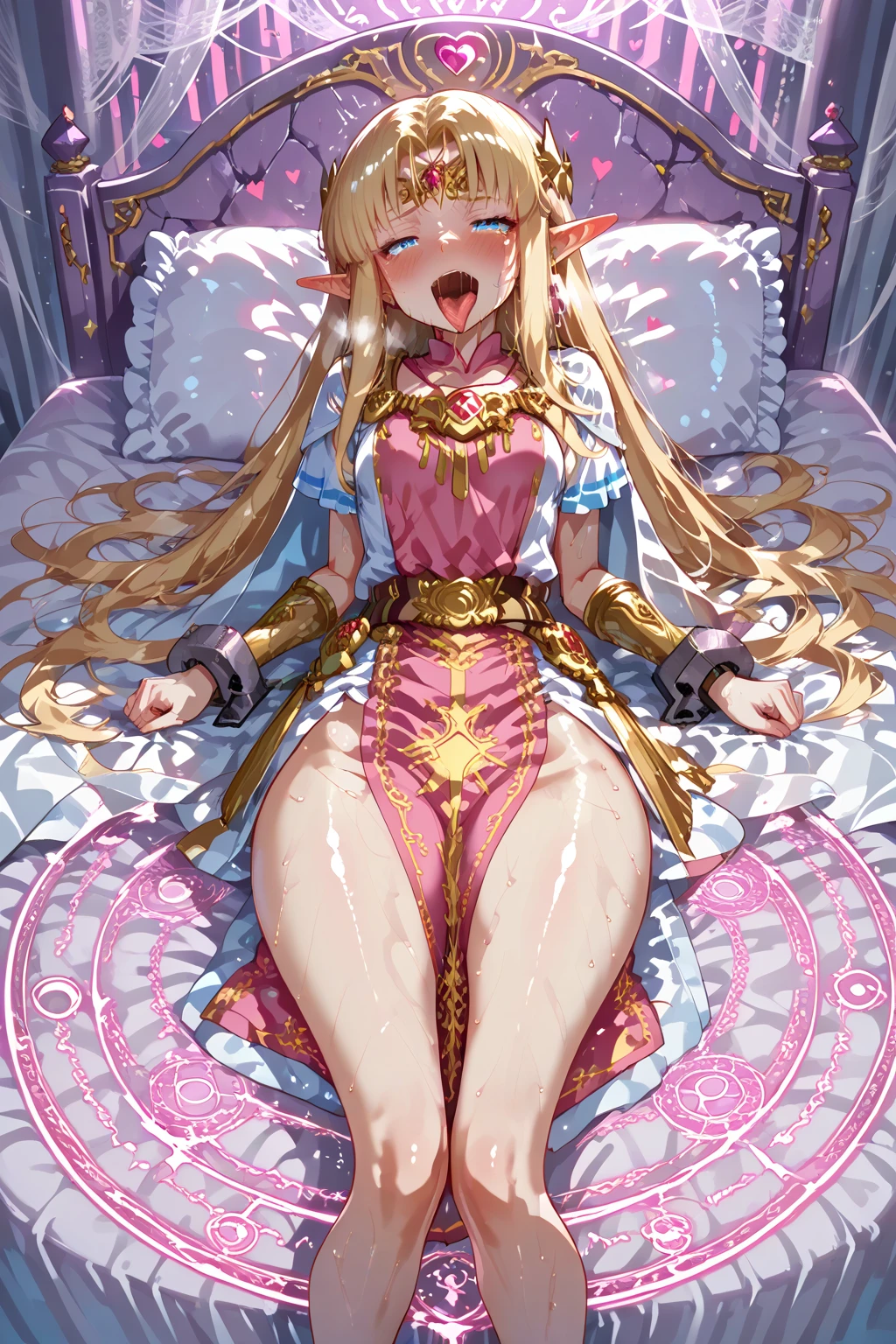 masterpiece,8k,Fairy tale style,(Rose Princess),Sleeping Beauty A woman with a big ,Gorgeous woman,Long blond hair,Cleavage,pubic,Small hips,Thin legs,