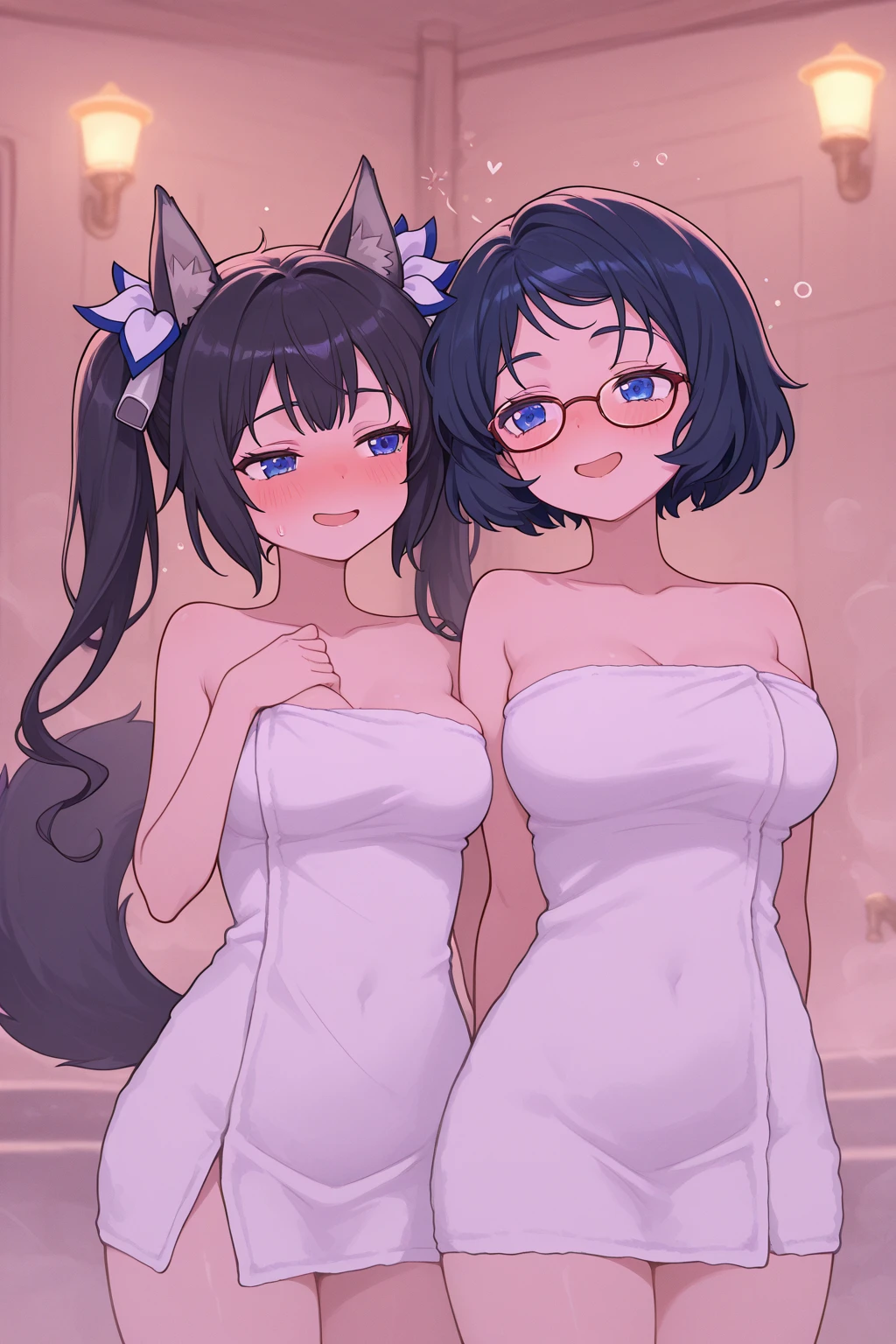 2woman, cat ear, cat twintails, clothes hot wet, hot springs, 21+, f cup, naked show off, growup