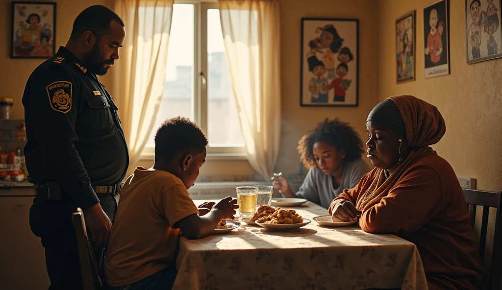 fami: pai, Mother and children. Blacks eating hamburger in a realistic African restaurant, detalhado -realista -ultraHD