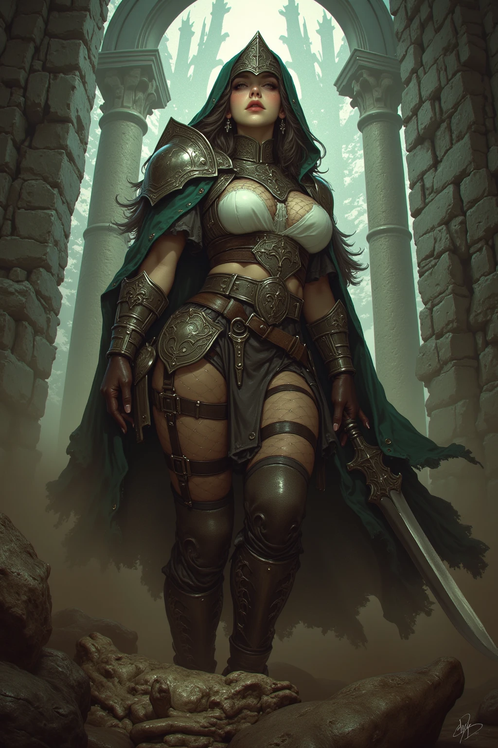 score_9, score_8_up, score_7_up, source_anime, source_explicit, (((1girl))), (((Solo character image.))) This is a fantasy character portrait. (((Looks sultry and wanton.))) (((Looks like a woman who gets what she wants.))) (((Looks like Marie-Claude Bourbonnais as a dark fantasy character.))) Looks like a single character portrait of a sexy, exciting, female adventurer for a high fantasy setting. Her body measurements are 36-24-36. Attractive but sinister female character for a dark fantasy setting. Dark storm rages in background. She looks like a relic hunter. Looks like Lara Croft with blonde hair. Intense, serious adventurer with a string desire for adventure. Darkly attractive. Dressed for a fantasy setting. Dressed for adventure. Background has destroyed medieval city. Medieval city ruins