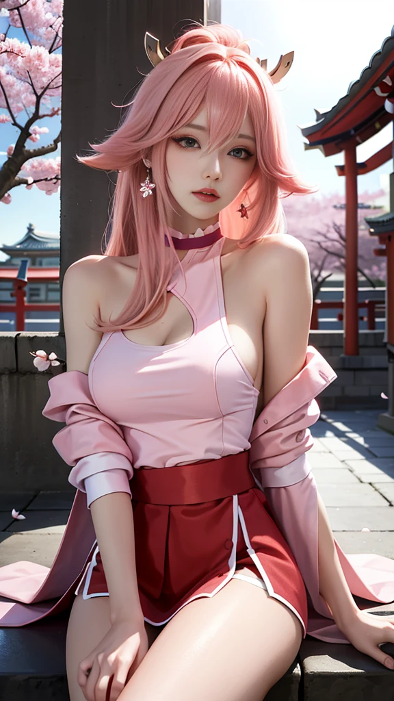 (Masterpiece, Excellent, 1girl, solo, complex details, color difference), realism, ((Large breasts)), large breasts, hourglass figure, sexy, Yae Miko, long pink hair, red headdress, red highlight, hair above one eye, green eyes, earrings, sharp eyes, perfectly symmetrical figure, choker, neon shirt, open jacket, turtleneck sweater, against the wall, brick wall, graffiti, dim lighting, alley, looking at the audience, ((mean, seductive, charming)), ((cherry blossom background ))),((Japanese temple background)))), (((Glow-in-the-dark background)))