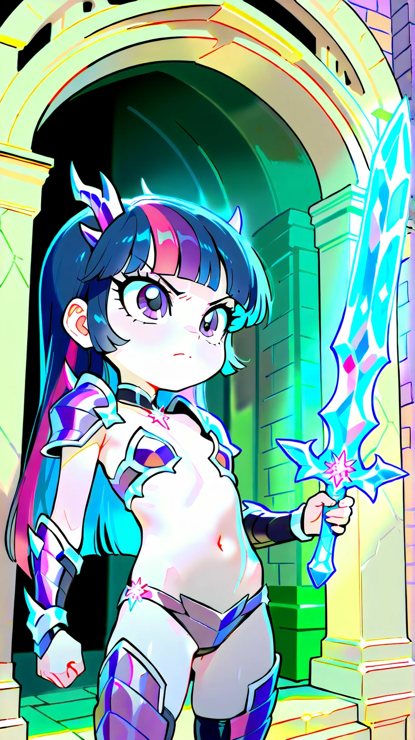 hornのある青いマントでポーズをとる青いLong Hairの女の子, One Girl, Multicolored Hair, Blue Hair, horn, Cape, alone, Long Hair, 口mask, mask, chest, Pink Hair, 青いCape, skirt,  username, Put your hands on your hips, 巻きhorn, View your viewers