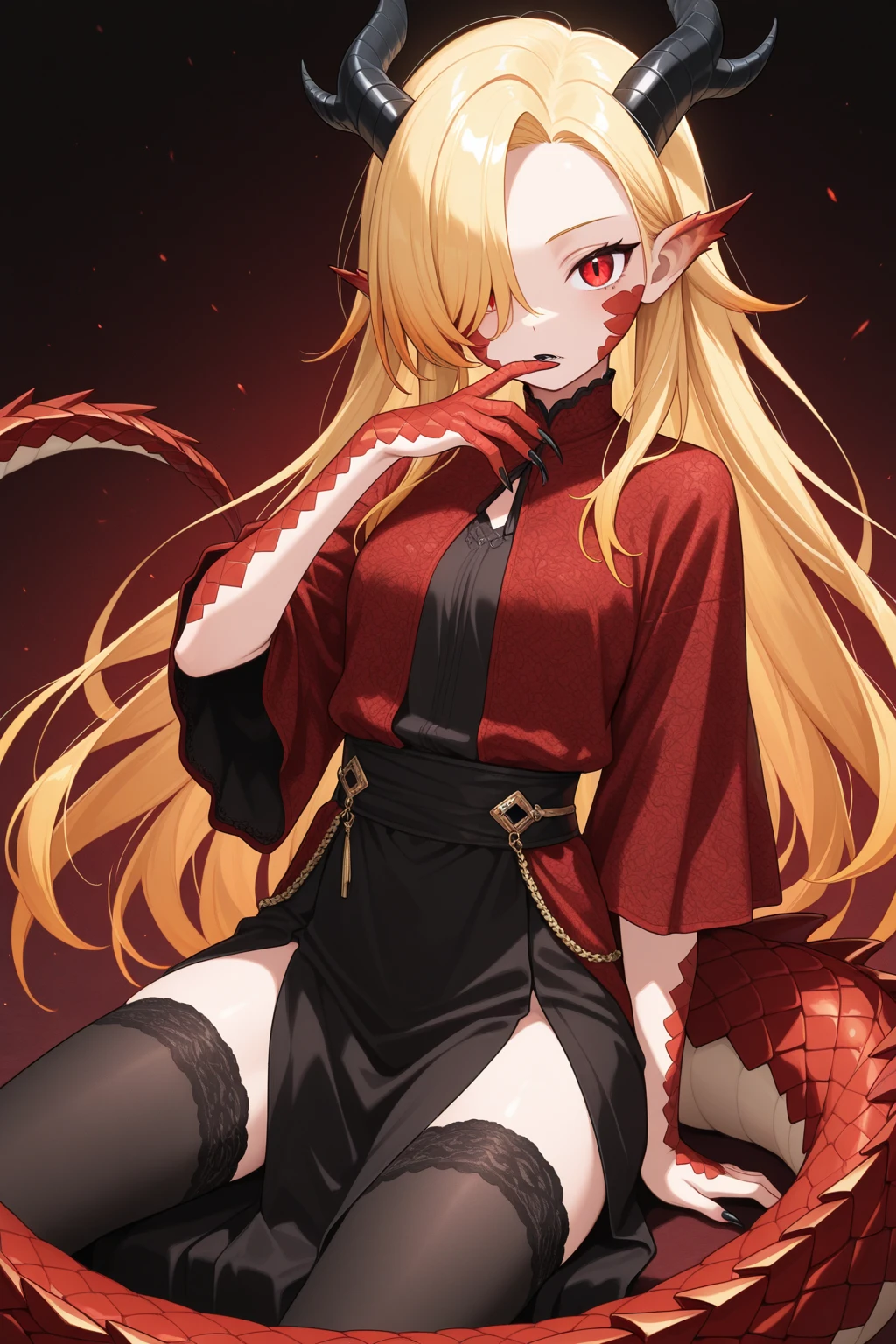 (masterpiece, best quality) junior,detailed, (beautiful,small breasts), blonde,long hair, side ponytail(tied to the left),Hairpin decoration with gold butterfly, elegant, (fox ears),nine tailed fox tail, red eyeshadow, golden eyes, femur，dark background,Alley background,girl,yandere eyes,bloody face,bloody clothes,Bloody(blood on fullbody),holding a sword hilt,bloody dagger(knife),evil smile