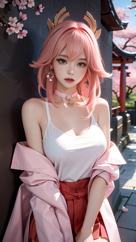 (Masterpiece, Excellent, 1girl, solo, complex details, color difference), realism, ((medium breath)), off-the-shoulders, big breasts, sexy, Yae Miko, long pink hair, red headdress, red highlight, hair above one eye, green eyes, earrings, sharp eyes, perfectly symmetrical figure, choker, neon shirt, open jacket, turtleneck sweater, against the wall, brick wall, graffiti, dim lighting, alley, looking at the audience, ((mean, seductive, charming)), ((cherry blossom background ))),((Japanese temple background)))), (((Glow-in-the-dark background)))