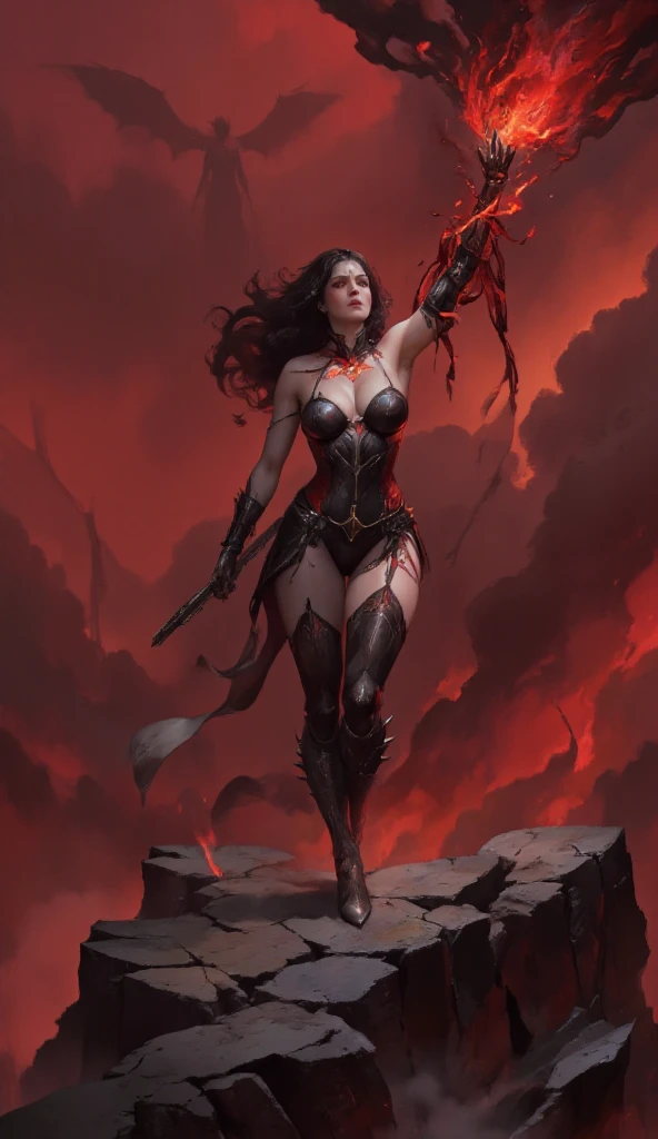 Red skin succubus tiefling, medium breasts, black horns, wings, huge tail, black leather, long flowing pelvic curtain, tall, toned, graceful, thin, long black ponytail. Action scene, whip. Dark scene, explosions, night sky.