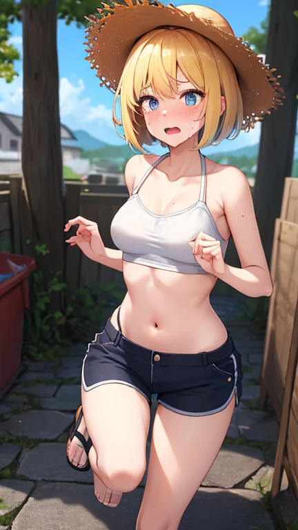 Japanese junior high and high school girl Athletics Club activities Outdoor Raise both arms wide Legs apart Running Beautiful girl Blonde Short hair Small breasts Slim Beautiful legs Skin is delicate and beautiful White tank top White underwear Underwear is see-through Very exposed skin The bottom of the chest is visible Navel exposed Whole body is wet with sweat Hair is wildly disheveled Shy expression Viewed from directly below Armpit hair is growing