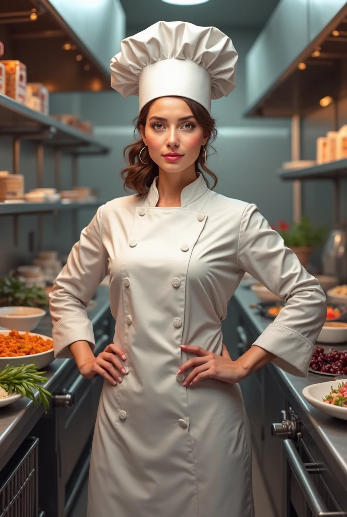 Drawing of a woman with black hair wearing a suit and a pastry chef's hat, posing for the photo crossing her arms