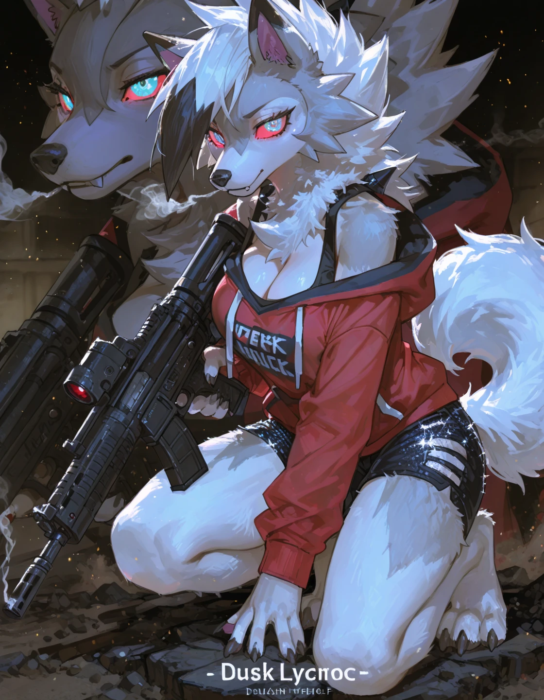 fox, solo, young, cub, nude, black fur, white fur, red hair, long hair, complex fur patterns, ((canine penis)), ((knot)), (balls), (testicles), genitals, precum, ((city)), warzone, ((gun)), gun in hand, ((aiming gun)), standing, against wall, angry, yelling, bloodied body, ((wounds)), scars, ((explosions)), ((gunfire)), ((bullet trails)), ((smokescreen)), ((up close)). military tanks, attack helicopters, Very good figure, bright tone, warm color, colorful, masterpiece, super detail, high quality, best quality, highres, 16k