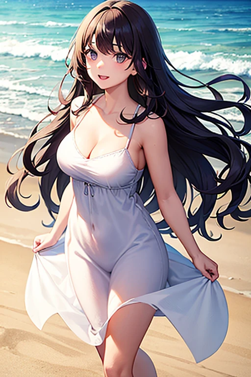 atago (azur lane), 1girl, solo, long hair, breasts, looking at viewer, blush, smile, bangs, large breasts, black hair, hair ornament, ribbon, navel, animal ears, cleavage, closed mouth, standing, swimsuit, full body, yellow eyes, flower, bikini, thighs, outdoors, sky, choker, day, cloud, hair flower, water, stomach, mole, high heels, blue sky, wet, mole under eye, toes, side-tie bikini bottom, white bikini, sandals, sunlight, white footwear, front-tie top, white ribbon, extra ears, sun, sarong