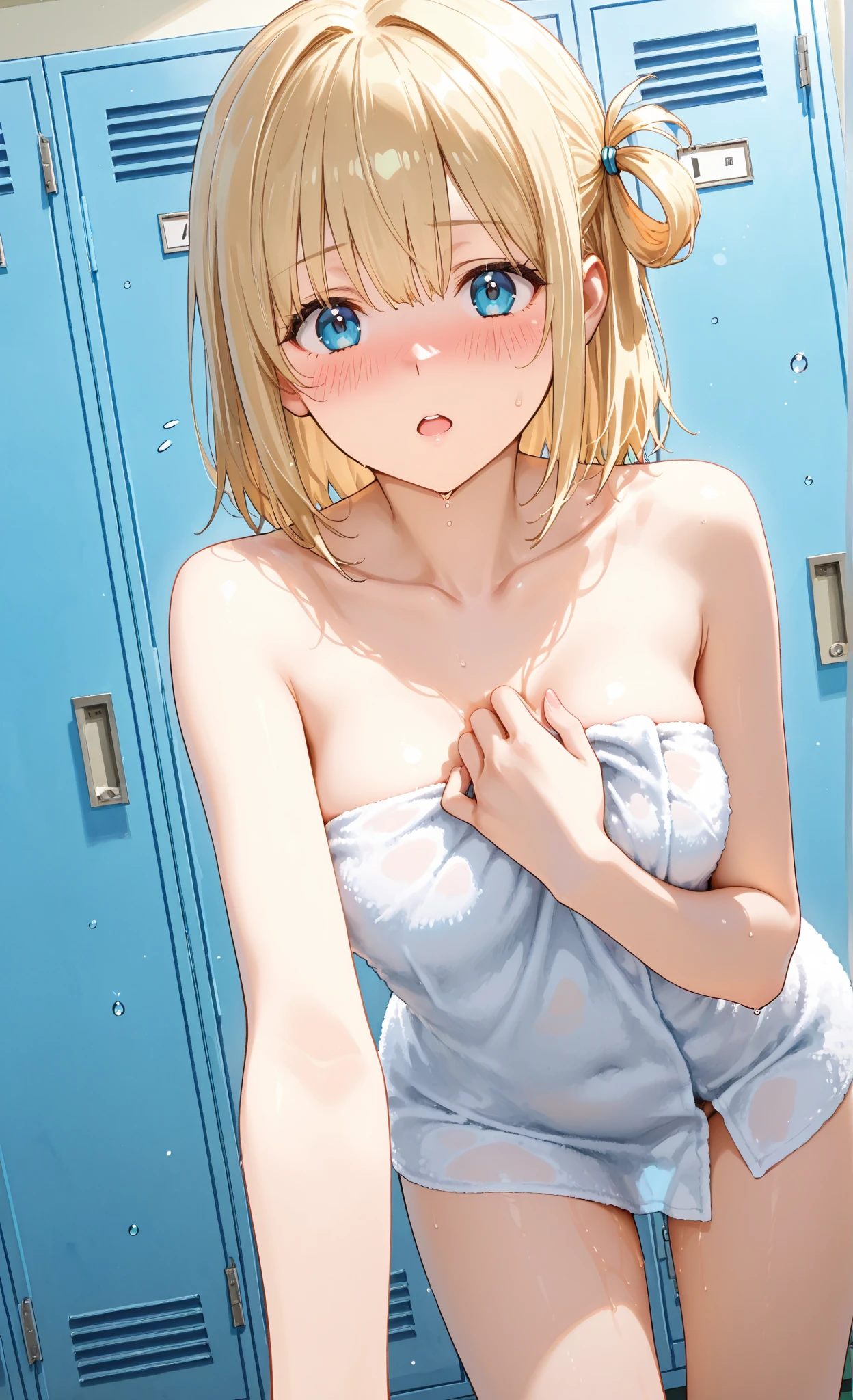 1 girl, Short hair, blonde, Nice tits, big ass, small waist, ripped clothes, opened clothes, blue eyes, cute face, innocent face, pijama outfit, bunny teeth, piggy nose, showing ass, taking a shower, tits exposed, caught look
