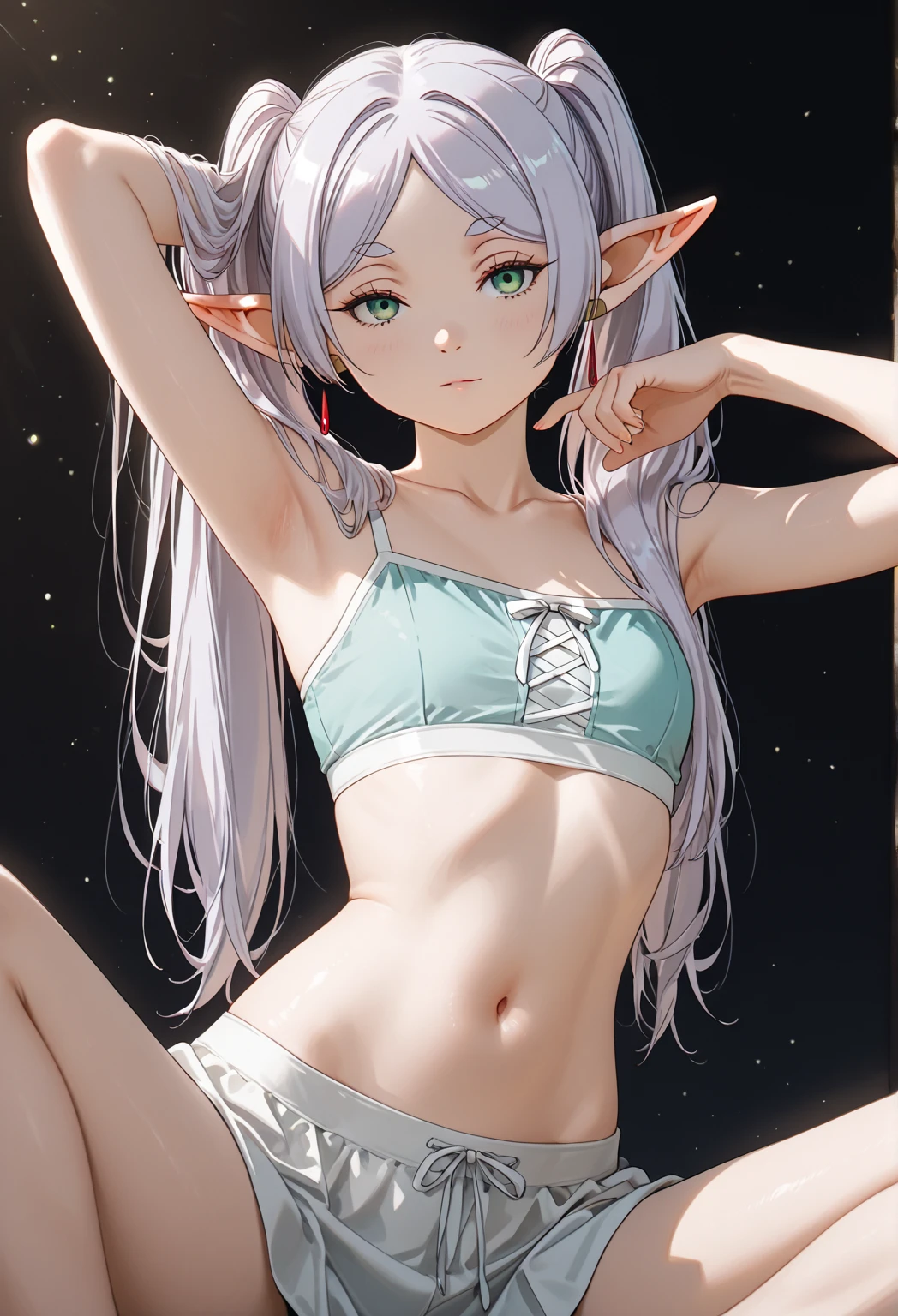 masterpiece, best quality, 1girl, condom belt, Frieren, twintails, earrings, panties