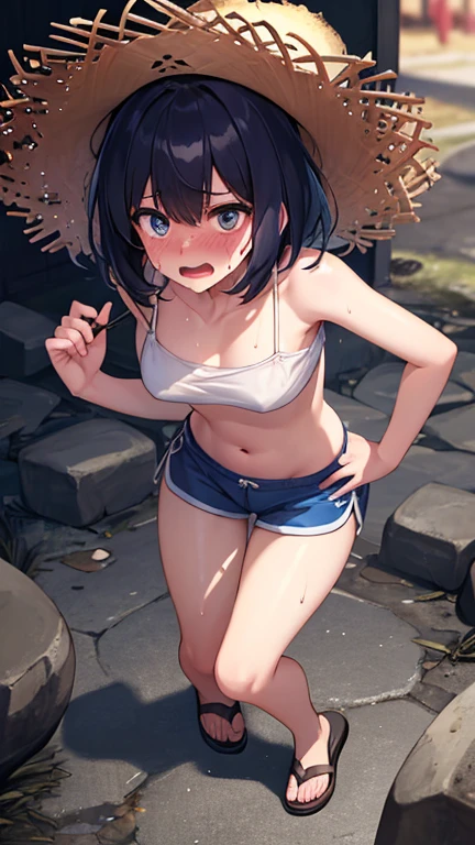 (topless), nsfw, masterpiece, 1 girl, erect nipples, nipples, navel, necklace, denim shorts, smiling, bare breasts, bare stomach, sweaty, visor cap, small breasts, puffy nipples, bare arms, hands on waist, elbows, happy, outdoors, marketplace, wet market, puddle, crowd, philippines, streets, manila, child, solo, raining, short hair, trash, petite body, storm, slim waist