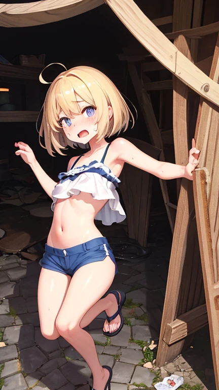 ((???????)), nsfw, masterpiece, 1 girl, ????? nipples, nipples, navel, necklace, skirt, smiling, hair ornament, bare breasts, bare stomach, sweaty, cowboy shot, small breasts, puffy nipples, hair ribbon, texts, bare arms, collarbones, blonde, flower crown, smiling, petite, flat chest, blue eyes, scottish skirt, small breasts, child, apple basket, farm, alpine, temperate, nude, slim waist