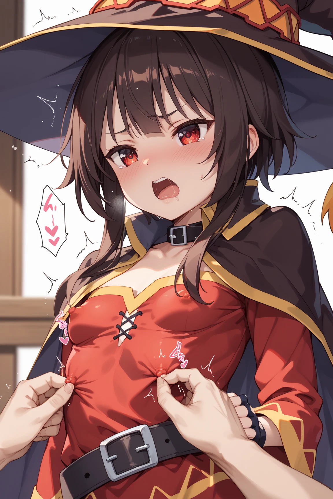 masterpiece, best quality, 1 girl, detailed beautiful face, megumin, witch, smiling, flat chest, skirt lift, pantie shot, (tweaking own nipples), embarrassed, blush