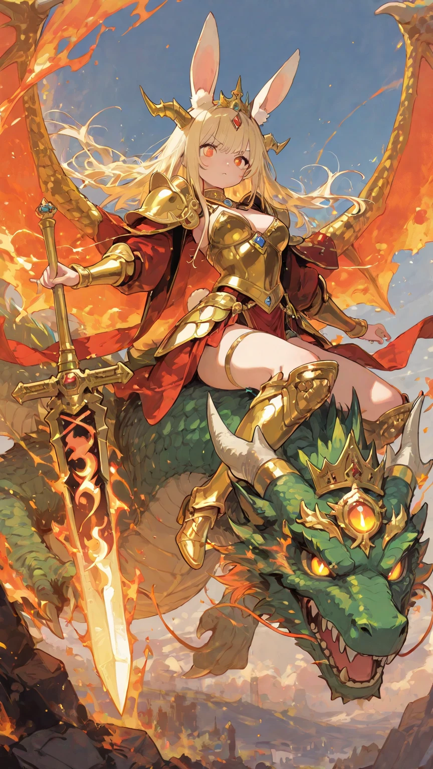 "Heir of the Dragon Clan".   hero rabbit girl wearing golden armor queen 👑 riding on the body of a dragon, the Dragon breathes fire at the enemy full body pictures, super detail, high details, high quality, best quality, highres, 1080P, HD, 4K, 8k