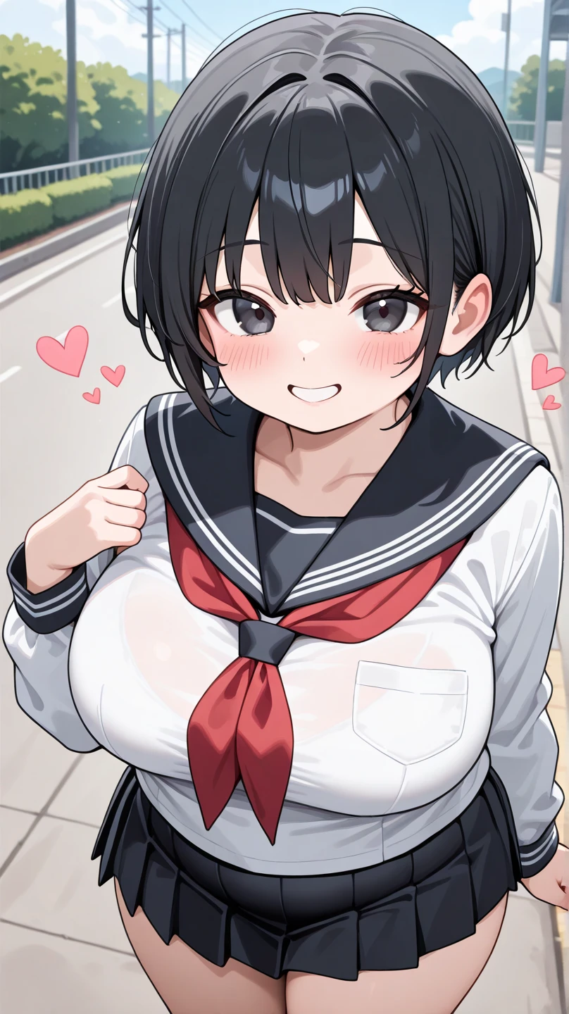 masterpiece, best quality, highres, aaazusa, short hair, ahoge, parted bangs, ,school uniforms, outdoors, Alley,Shade,Dimly lit place,A kind smile,Shyness,sweat,breath,blush,(large breast:1.2),huge breast,big tits,busty,Curvaceous,Hourglass Shape,A well-defined figure,slender,Big chest and small waist,((breast focus)),hands on breasts,Upper Body,Landscape,Long breasts in front