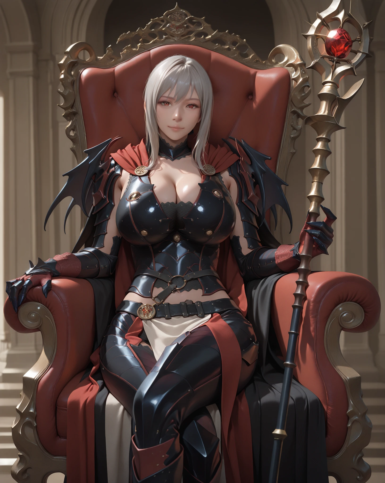 beautiful , ancient, faery, The Red Queen, powerful witch, high, very slim,  blonde, dark fantasy, (sits on a golden throne), silk dress, high quality, masterpiece, The smallest details,(((Charlize Theron&#39;s face))).