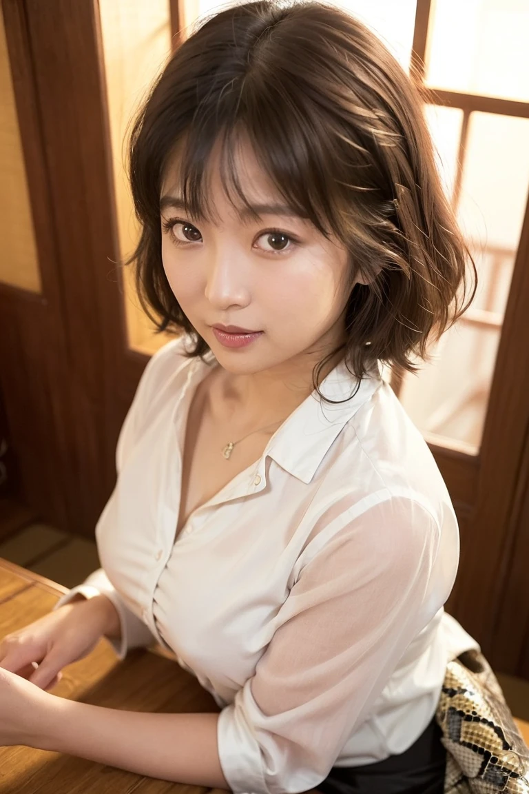 best quality, face focus, soft light, ultra high res, (photorealistic:1.4), RAW photo, 1japanese girl, solo, cute, (shy smile:0.5), (brown eyes, lights in the eyes), detailed beautiful face, (small chest),(high resolution detail of human skin texture), (short bob hair), BREAK, in classroom,navy , vest, skirt