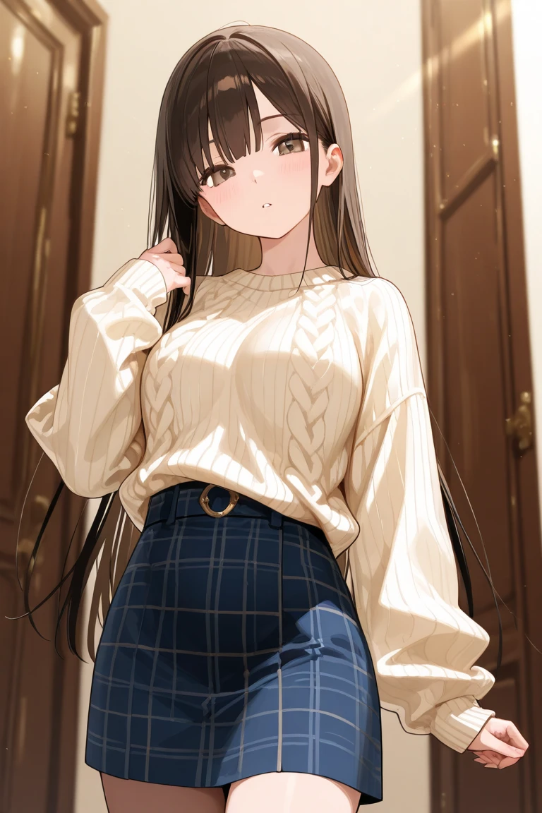 Girl, long brown hair, blue eyes, skirt, pantyhose, beige sweater, blushing, embarrassed, trying to look away, holding crotch, (((pee stain))), outside apartment door.