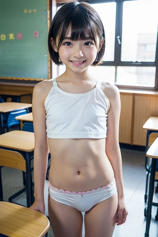 Japanese,Beautiful girl at 6 years old:1.85,Baby Face:1.85、Ultra-flat chest:1.85、Ultra short height、An innocent smile,cute,Primary school students,Private elementary school uniforms,Summer clothes、clavicle、Skirt flip:1.85、Nipples