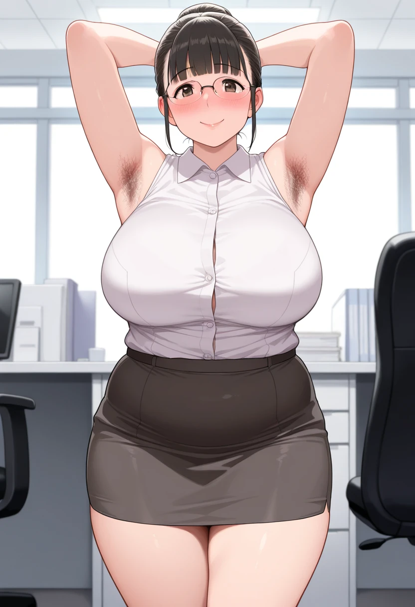 ((cl○se、16k、highest quality、High detail、Rich skin detail, Br○wsing Cauti○n, Sex、Huge breasts、Office Lady))、Sweat、((Hands on chest、))、((White dress shirt、Shirt lift、Pencil Skirt、Flip-up skirt))、Tight clothing、((Brown Hair、Brown eyes))、(((Forehead、Asymmetrical bangs、Split bangs、Bobcut)))、((blush))、(Wide Hips)、((((Embarrassing))))、((Office Room))