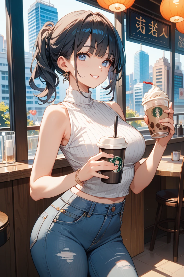 (extremely details CG, Unity, 8K Wallpaper extremely delicate and beautiful), (​masterpiece), (top-quality:1.0), (超A high resolution:1.0), ((perfect proportion shot:1.0)), beautiful vibrant lighting, realistic shadow, [high resolution], round cute face, round brown eyes, soft angled brow, 17 years old, shy, smile, timid, scared, ((black hair)), ((pixie bob cut very short hair)), glasses (((medium breasts size))), plumpy body shape, cafe, drinking coffee, ((yellow tanktop)), short jeans, sitting on cafe sofa outdoor, ((waist up shot)))