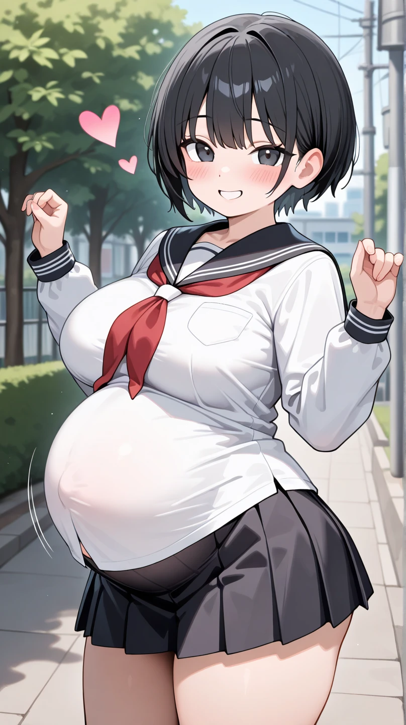 masterpiece、8K、beautiful girl,Walking through a residential area in the morning、Short-sleeved sailor suit that doesn&#39;t show your stomach、Clearly depict the contours of the entire face,Describe the whole body,black hair、Sweat、oily skin、very short hair、fine skin、sneakers、plump breasts、blush、skirt、Puzzled、pregnant woman、Touch your stomach with your right hand、Hold your student bag with your left hand