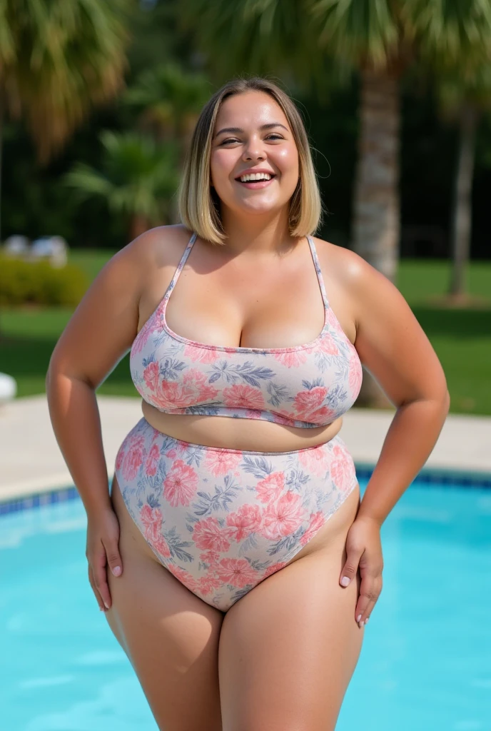 fat girl with very large breasts and hips in a bikini