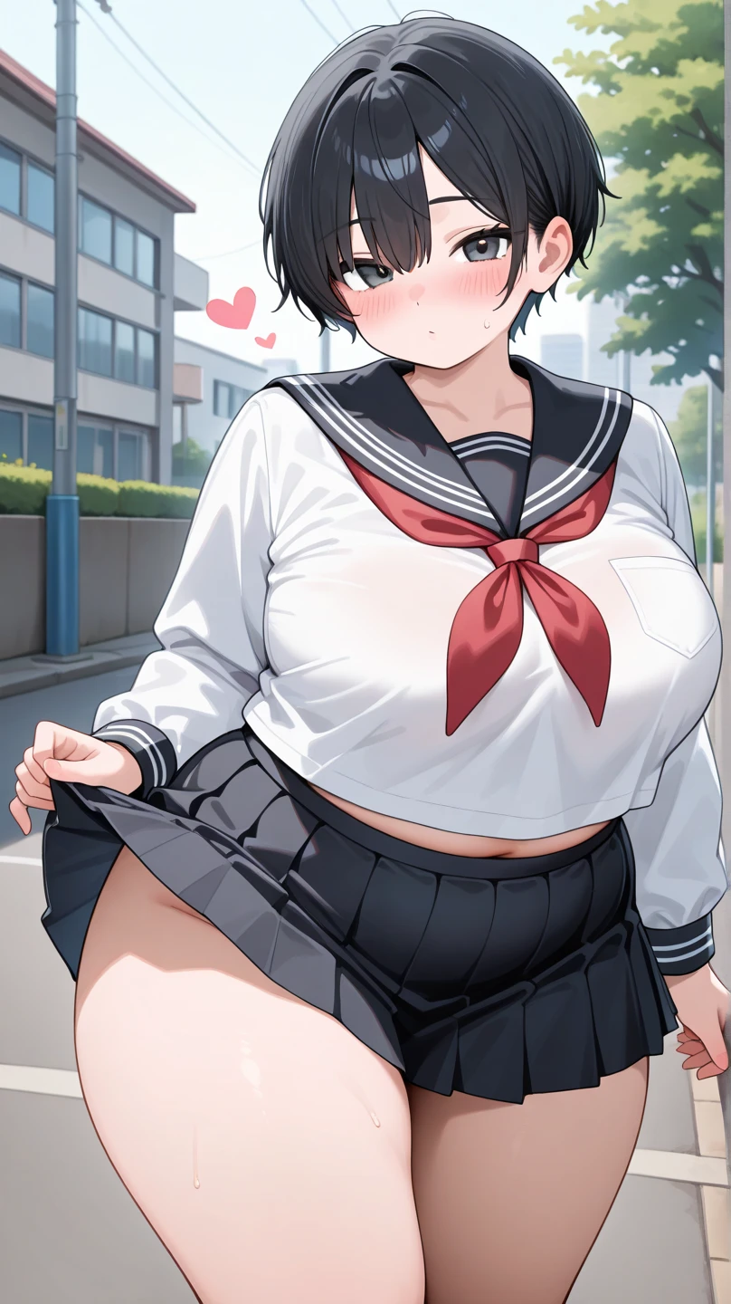 A man is chasing a girl who is running towards him crying, wearing a blazer uniform, cherry patterned panties and a cherry patterned bra, with short black bob hair, erect nipples and pale pubic hair.、In front of the school building