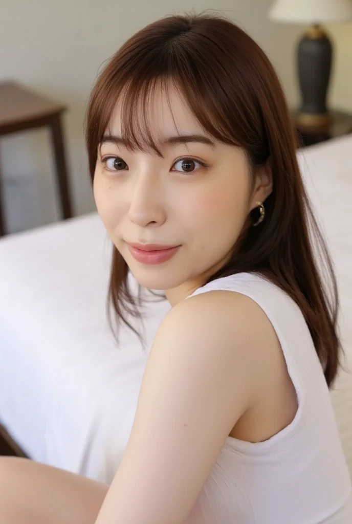 super high quality, Background Blur, In a hotel room, gravure, I'm sticking out my, 65 years old, ，Fat belly，Very plump, From the chest up, masterpiece, Highest quality, Very detailed, Realistic, Ultra-dense skin, Perfect Anatomy, Plump Mature Woman, Wrinkles around the eyes, , Big Breasts, In underwear, A shy toothy smile, Chubby, Glamour, sexy, Pure white skin, Looking at the audience,
