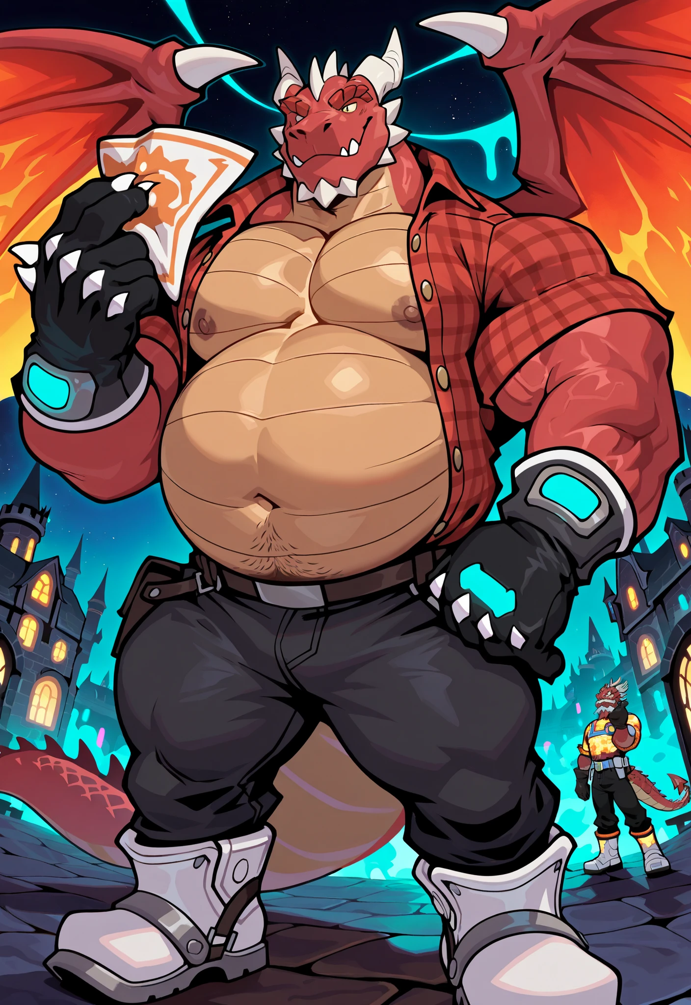 Seventh of fourteen space cowboy dragons from Dyne's harem is a construction builder! Big mustache and beard, space construction uniform, dragon head, dragon wings, dragon tail, thick massive hunk, fat and muscle, dad bod, daddy energy, hairy dragon, male, dragon man, thick muscles, big round tummy, chunky daddy dragons from fantasy realm! masterpiece, best quality, amazing quality, null-ghost, Head and pectorals focus. Masculine, buff, broad shoulders, neon glowing gear, rodeo rope, spurs, open plaid shirt, handkerchief, hunky male, dragon, thick muscles, hunky daddy dragon from fantasy realm! masterpiece, best quality, amazing quality, null-ghost, Head and pectorals focus. Masculine, buff, broad shoulders, fantasy castle, neon glowing gear, black jeans, no defects, no watermarks, 5 fingers, perfect hands, space boots, gloves. Posing, dragon, looking , in a fantasy realm castle background, mystic creatures in crowded scene, party.