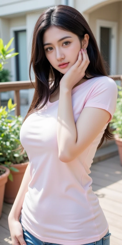 ((top quality, 8k, masterpiece: 1.3)), sensual woman, 1 girl, (slender figure: 1.2), dark brown hair, (outdoor, shirt, shorts: 1.1), ultra detailed face, detailed lips, detailed eyes, double eyelids, (huge breasts: 1.2)
