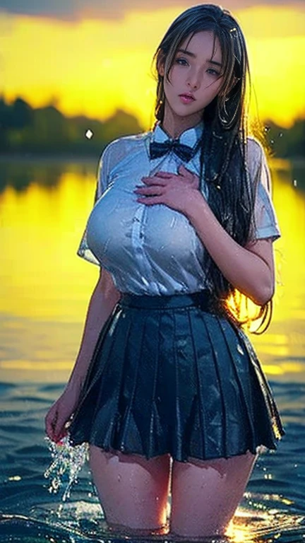 Highest quality、Ultra-high resolution、(Realistic)、18-year-old girl、((((School Uniform, Half naked))))、(((( Wet Skin, I can see your nipples)))),Hyper Detail、Super Realistic、(Realistic)、More about beautiful skin、(masterpiece:1.0)、(Highest quality)、(Ultra-high resolution)、8K resolution、Canon EOS R5、135mm、Absurd、Very detailed、Sharp focus、Fine skin、(((Chirarizum)))