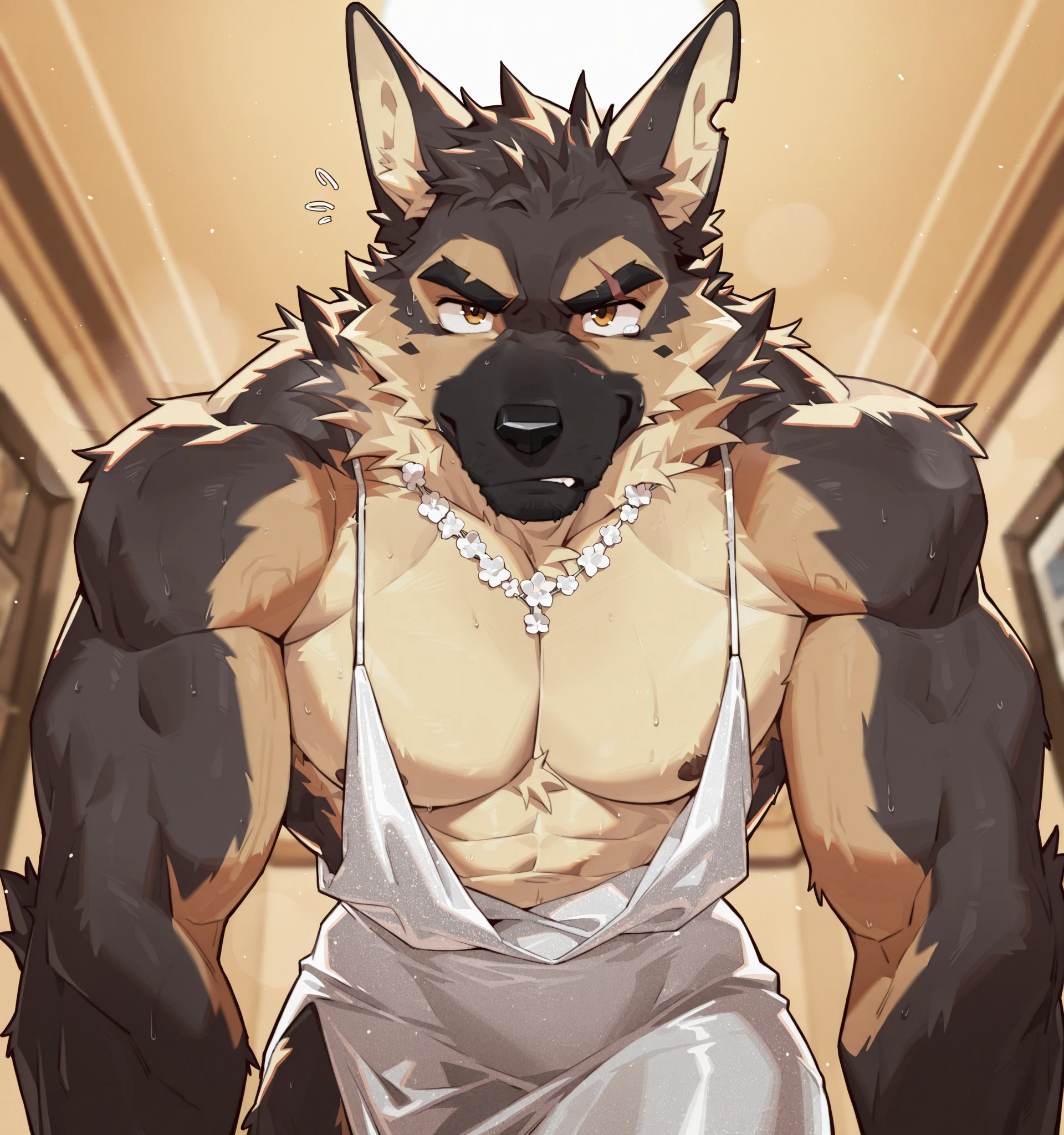 male, German Shepherd, hairy, Smile,blush, neutral, White loincloth,Collar,Dynamic Lighting, illustration, beautiful, particle (high quality,4K,8K,high resolution,masterpiece:1.2), Extremely detailed, Impressionism:Colorful,