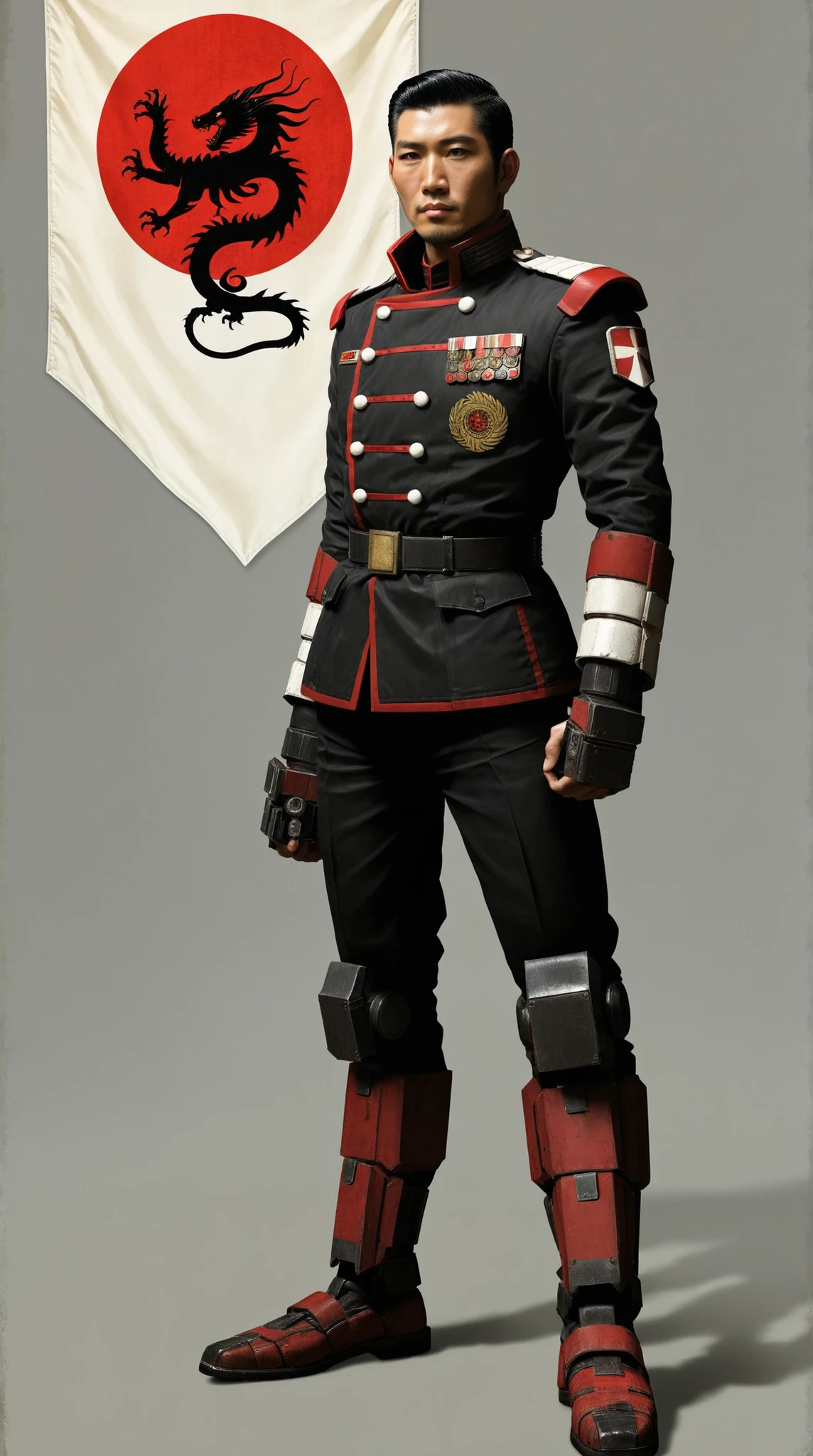 BattleTech, Theodore Kurita, man of Japanese descent, dark hair styled upward and back adding to the sense of orderliness and discipline, very detailed, masterpiece, wearing a striking uniform that features a high-collared jacket with a predominantly white color and contrasting red accents, The jacket is adorned with two symmetrical golden buttons at the chest and has a distinct, structured design that suggests authority or military affiliation, behind him is a banner with the sigil of House Kurita, a white banner with the silhouette of a black eastern dragon in profile in a red circle