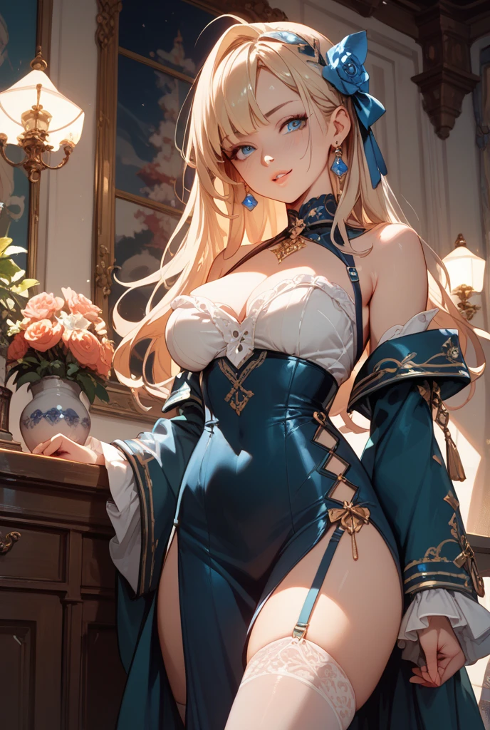 small breasts, very long hair, blonde hair, ahoge, green eyes, forehead mark, blue bow, hair bow, detached sleeves, cleavage, one-piece swimsuit, barefoot, full body, depth of field, sitting, wariza,  <lora:ArtoriaCasterSwimsuitThirdAsc:0.8>