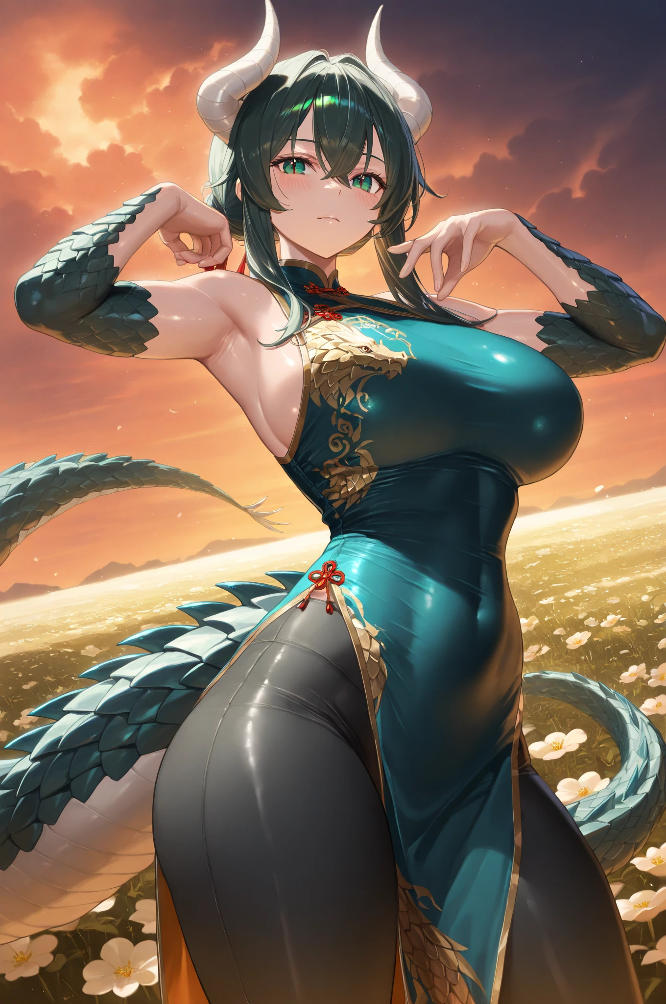 masterpiece, best quality, 8k, hires, detailed, 1girl, mature,detailed skin texture,black hair,long hair,pony tail,huge breast, half body, detailed face, cute face, young face, pure face,detailed red chinese dress,dragon pattern,sexy deep side slit,short length, (green shenron in the background:1.3),happy new year,