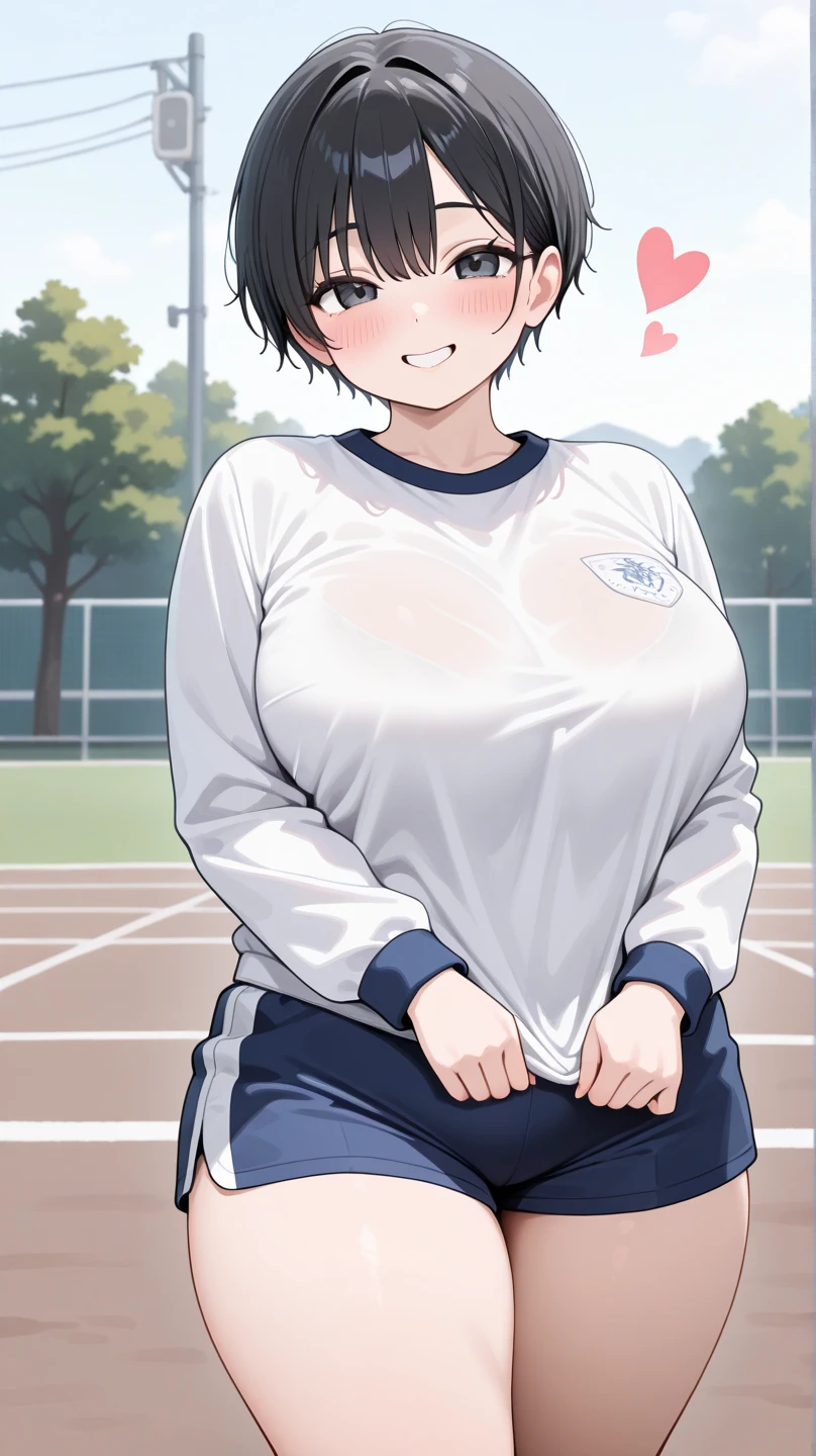 1girl, solo, mature_lady, tomboy, straight hair, short hair, blunt bangs, black hair, score_9, black eyes, white t-shirt, jeans, outdoors, upper body, looking at viewer, smile