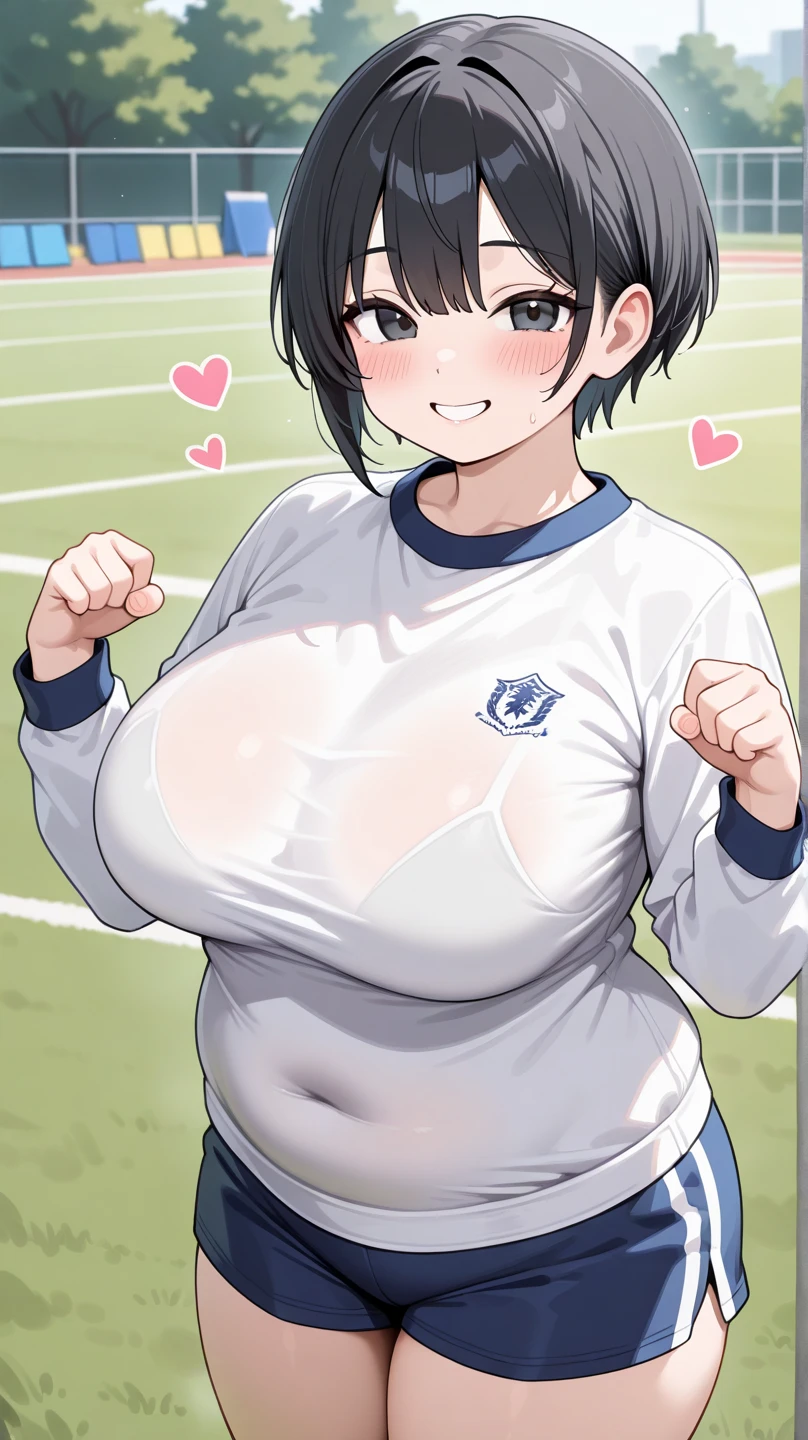masterpiece, Highest quality, Super detailed, Beautiful portrait , (Chubby) (Muscular), (plump), (Sexy), (chest), (plump), ((Very short hair)), ((uzaki hana)), (Overweight), (Gray Hair), ((Saggy breasts)), (blue eyes), (short hair), (blue eyes), ((thick)), ((school uniform)), (Mischievous Smile), (Canine teeth visible), (whole body)