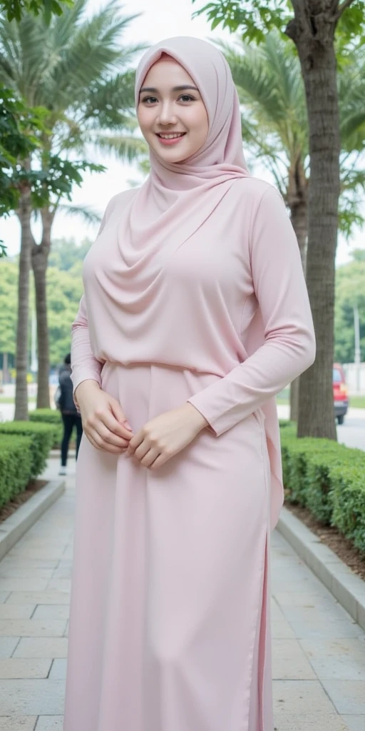 born, highest quality, High resolution, masterpiece: 1.3, Beautiful Malay woman wearing hijab,((Large Breasts)), close),Beautiful Face, Perfect body, Big beautiful eyes, smile,Wearing a pink dress and a pink scarf standing on a balcony, Wearing elegant clothes, Wearing an elegant dress, Elegant and graceful, Peach and sesame style, Cute pastel colors for a feminine look, Wearing a pink dress, Pastel pink skin tone, Pastel colors and feminine, Wearing a pink dress, beautiful and elegant, Elegant and refined, Long dress women、Pregnant women、Last month of pregnancy