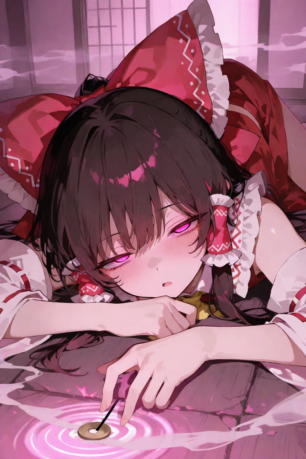 (masterpiece:1.2), (high quality:1.2), (hui xiyi:0.7)rekkyo sensen, rekkyou sensen, girls with((black hair, bangs, (one side up, long wavy hair:1.55), (hand up, perfect hands, perfect fingers, tied hands:1.43), exposed breasts, tits cleavage, breasts close up, dress((suspenders, dress:0.65), (belts:0.7), (blue clothes, frills shirt, white knit sweater, long sleeves, off-shoulder sleeves, silver handcuffs, chain, ribbon:1.2)), upper body)), background with((bedding, pillow, jail, prison:1.45))