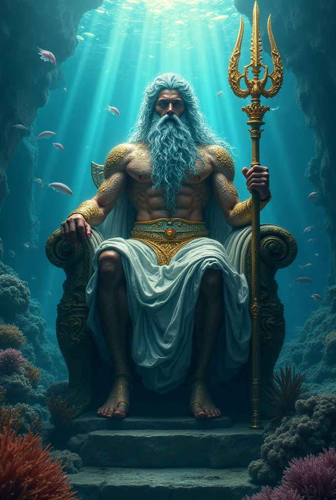 An awe-inspiring depiction of Poseidon, the god of the sea, seated upon his magnificent throne. He holds his iconic trident with a tight grip, while his long beard and hair flow in the breeze. The scene is evocative, grand, and powerful - fit for a god.