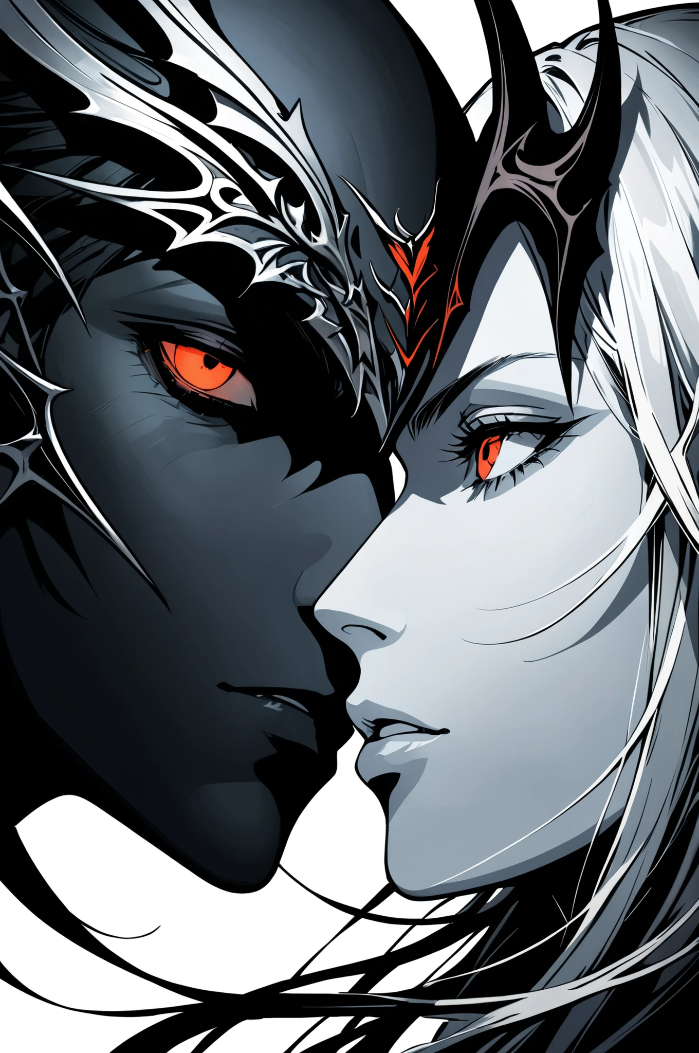 Homen vampiro cavaleiro de pele marrom com olhos amarelos e lady vampira em uma chuva de sangue Dark fantasy Dark lighting 8k