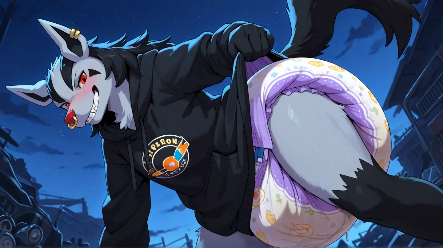 A femboy dragon wearing a sweatshirt and a diaper urinates and with tentacle inside the diaper while being in a dark magical forest raining