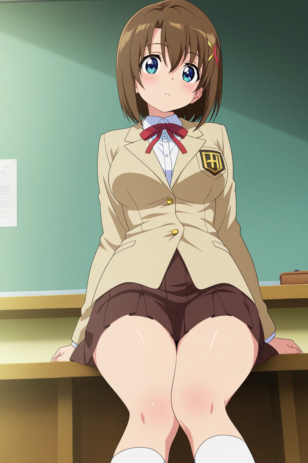 Highest quality, High resolution, masterpiece, (Beautiful Eyes), (Fine grain), Detailed face, kumiko oumae, Brown eyes, Brown Hair, short hair, Wavy Hair, smile, blush, skirt, shirt, Long sleeve, , pleated skirt, neckerchief, brown skirt, whiteいセーラーカラー, brown shirt, Kitauji High, red neckerchief, indoor, classroom, Chair, machine, (skirtを持ち上げる:1.5), (Wide pelvis:1.5), (white_Panties:1.5), (Plump thighs), (Boys looking down), nsfw