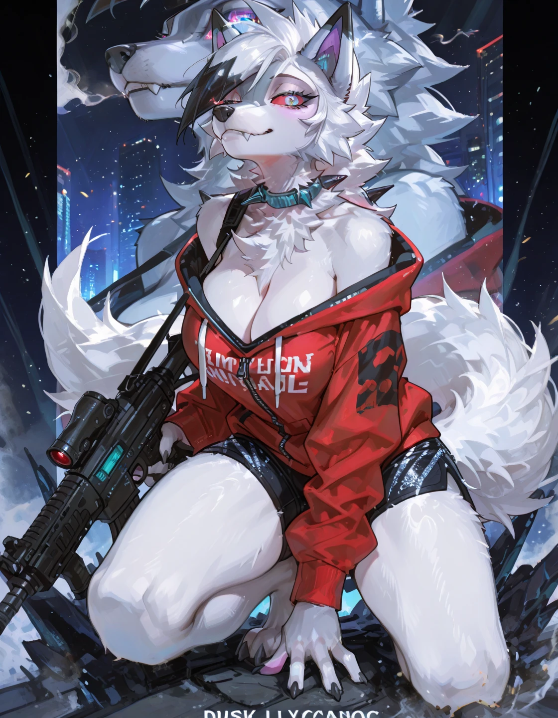 2girls, Doing anything, any pose, massive breasts and hips and butt, grey tabby, any outfit, undersized outfit, any eye colors [Hererochromia allowed], scifi rooftops, anyweapon, armed or unarmed, full face blush