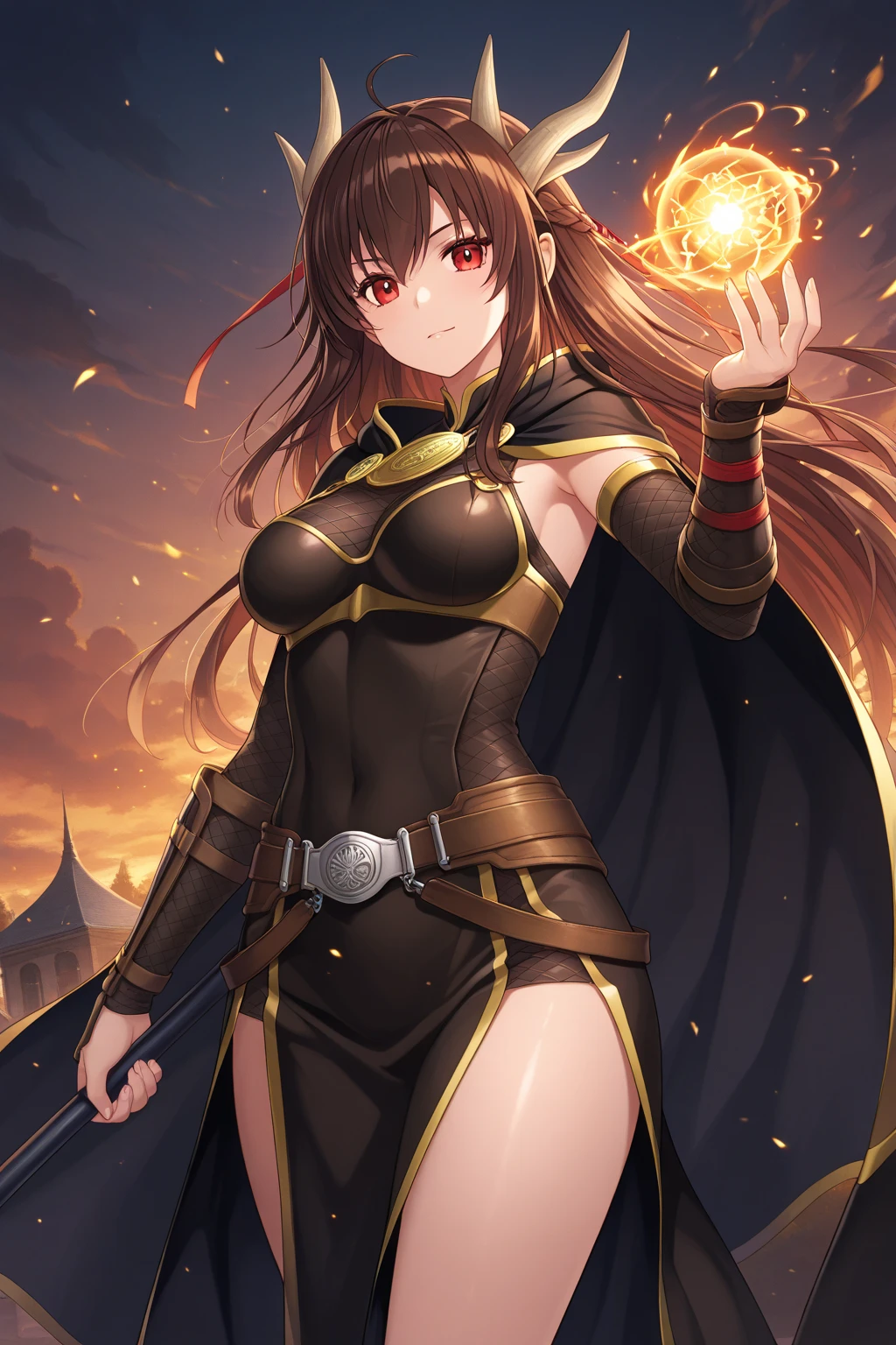 sei, 1girl, breasts, medium_breasts, solo, long_hair, bangs, brown_hair, brown_eyes, closed_mouth, standing, armor, hell, fire, abyss, red_armor, cleavage, open_book, holding