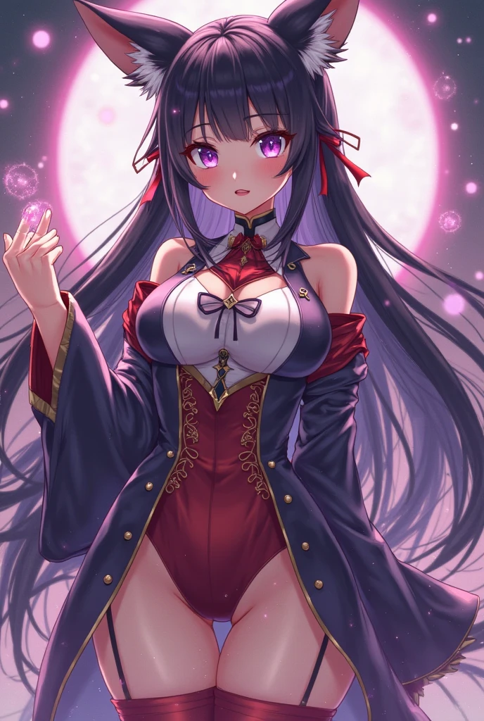 One girl, kimono, Long Hair ,　Big Breasts、Black Hair, Purple eyes, magic circle, Blue Fire, Blue Flame, wallpaper, landscape, Blood, Blood splatter, Depth of written boundary, night, Particles of light, light, Side Lighting, Thighs, destiny \(series\), Genshin Impact, ****, Open jacket, skirt, Knee socks, cloud