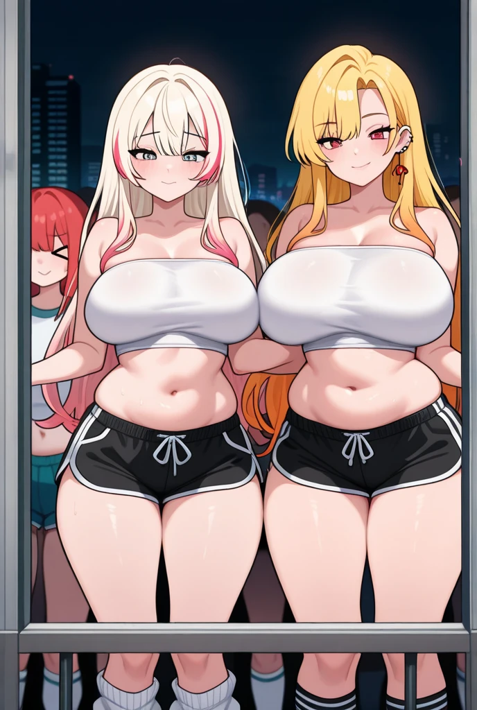 ((highres)), Masterpiece, high quality, best quality, beautiful, perfect lighting, detailed face, ultra cute face, from below, ((2girls)), sexually suggestive, seductive smile, blush, one girl has blonde hair, blue eyes, crop top and shorts, one girl has brown hair, green eyes, jeans, white shirt, fast food restaurant, cleavage, medium breasts, ((wide hips)), (thick thighs), ((plump)), chubby belly, belly grab, fat folds, standing next to each other,
