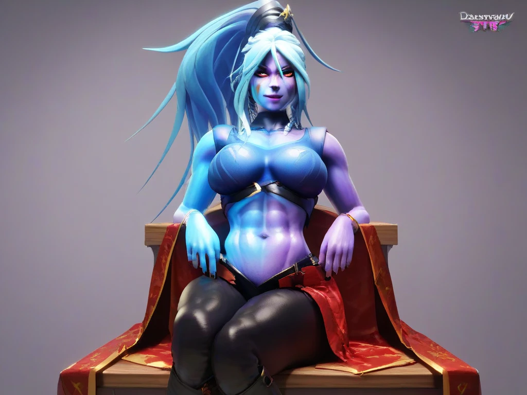 Sexy futanari, draenei, glowing eyes, colored sclera, tail ornament, hooves, [blue] skin, [white] eyes, [dark blue] hair, big breasts, long hair, very curly hair, slender athletic body, huge blue penis, heavy penis, dripping cum, huge testicles, long futanari cock, horse cock, blue skin, sexy pose